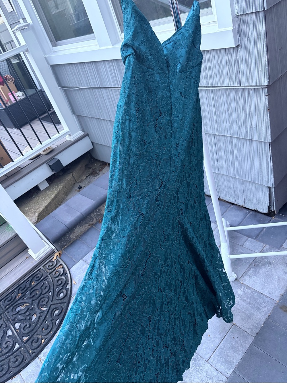 Lulu's Teal Lace V-Neck Prom Gown